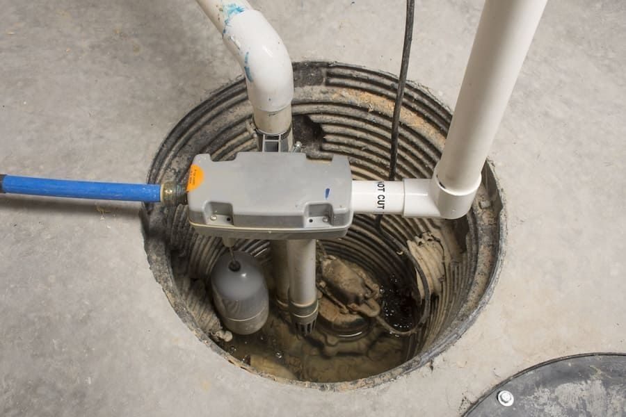 Open concrete floor reveals a sewer cleanout with a gray shutoff/valve assembly attached to white PVC pipes entering a circular trench, with dirt and water inside the opening.