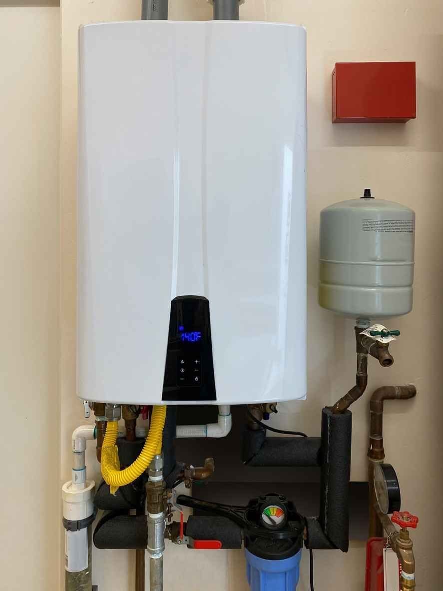 A tankless water heater in a home set to 140 degrees.